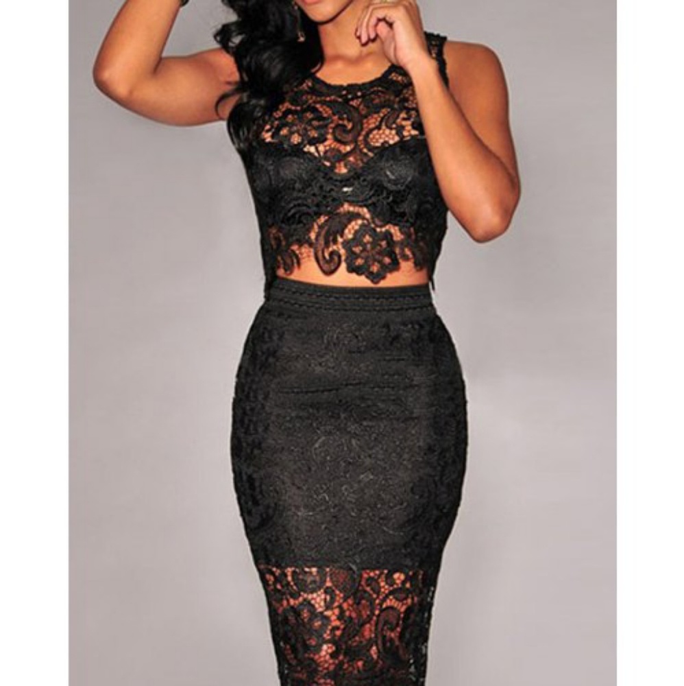 Sexy Black Lace Blouse & Skirt Set